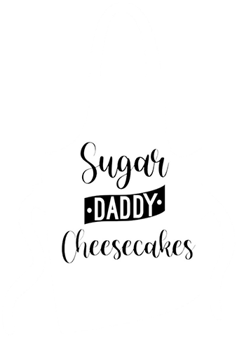 A white apron with the words sugar daddy cheesecakes on it.