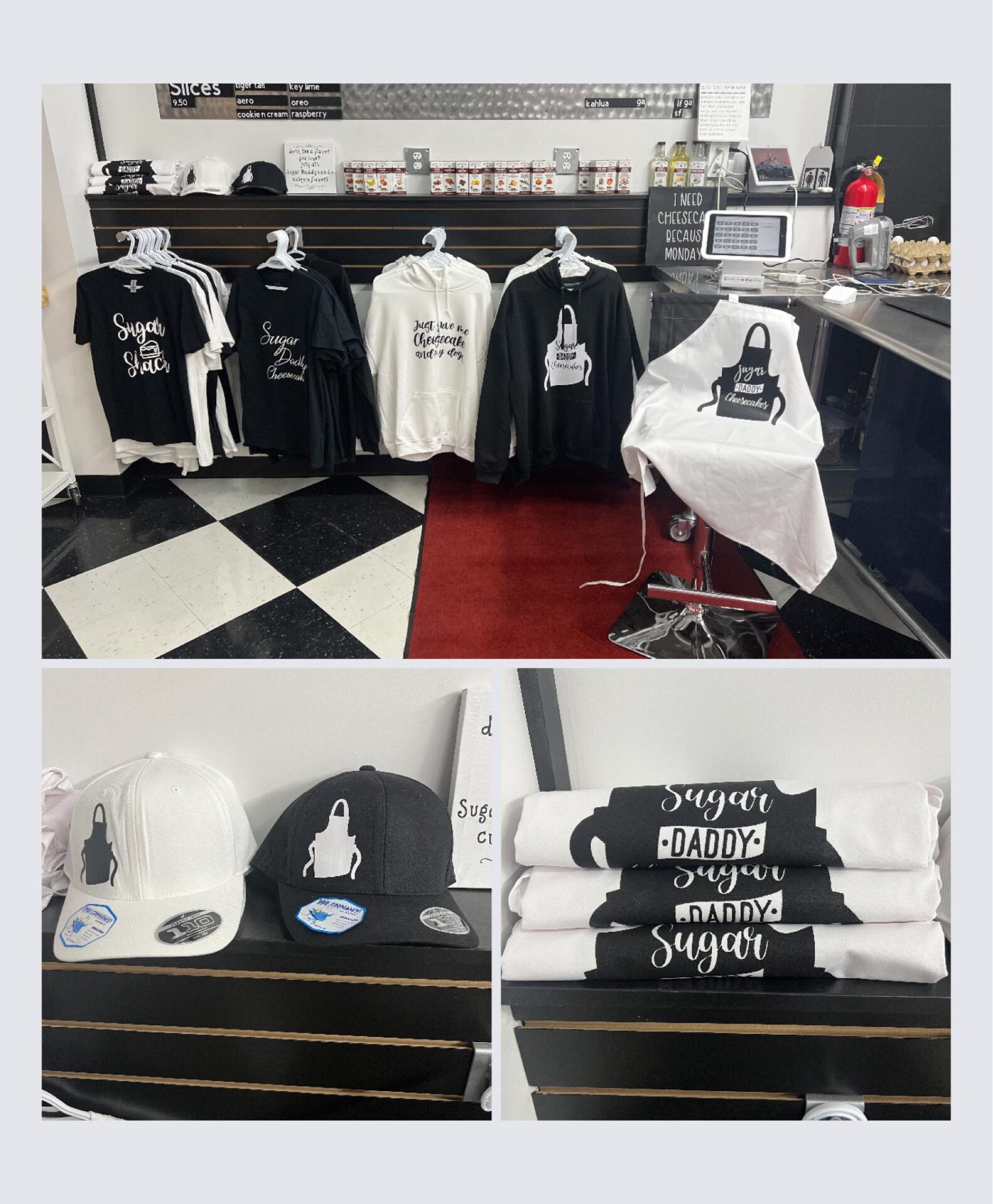 A bunch of black and white shirts on display